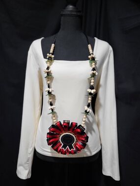 Handcrafted Red and Black Floral Ribbon Pendant Necklace
